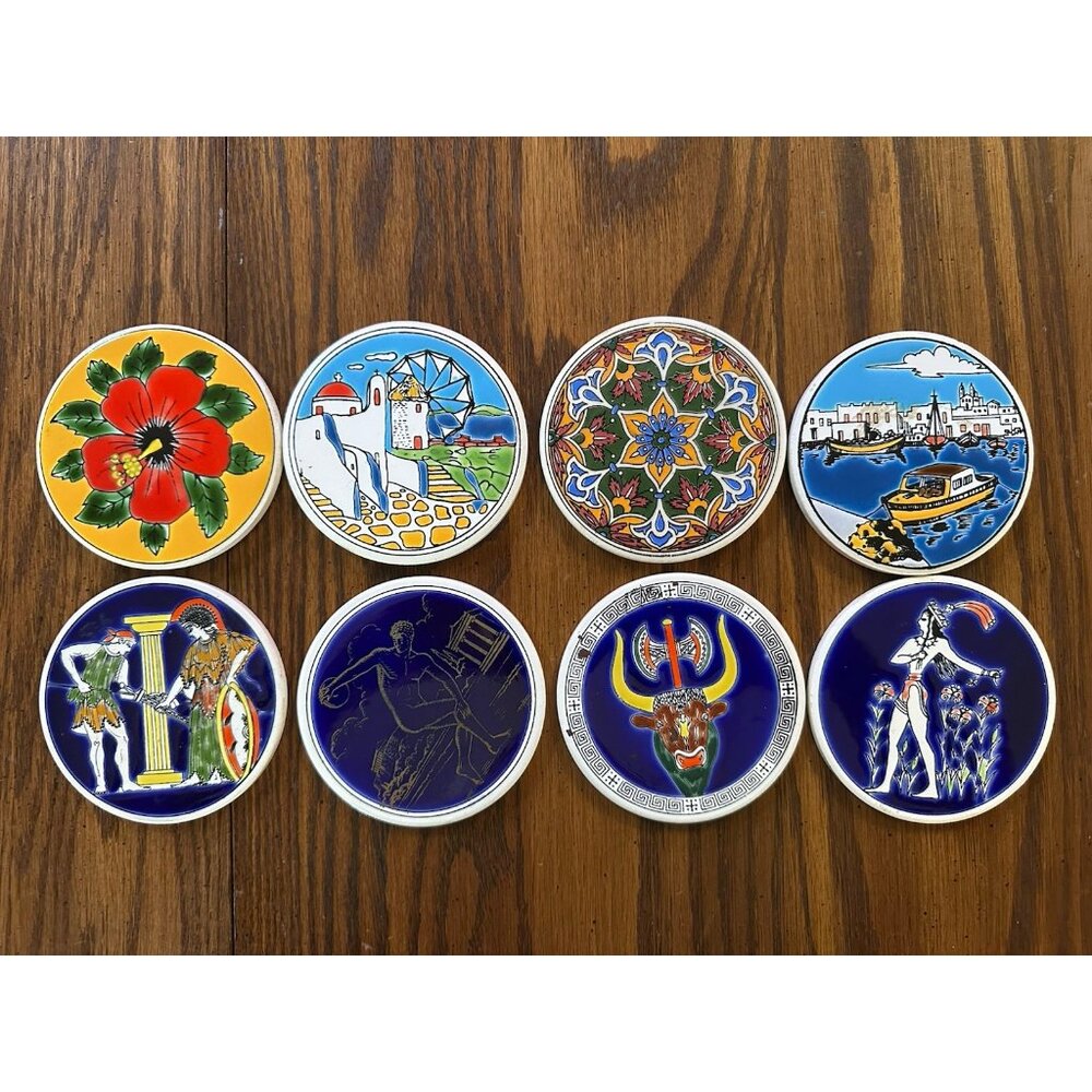 8 Vintage Smaltotechniki & Thanos Ceramic Greek Round 3.5" Tile Coasters